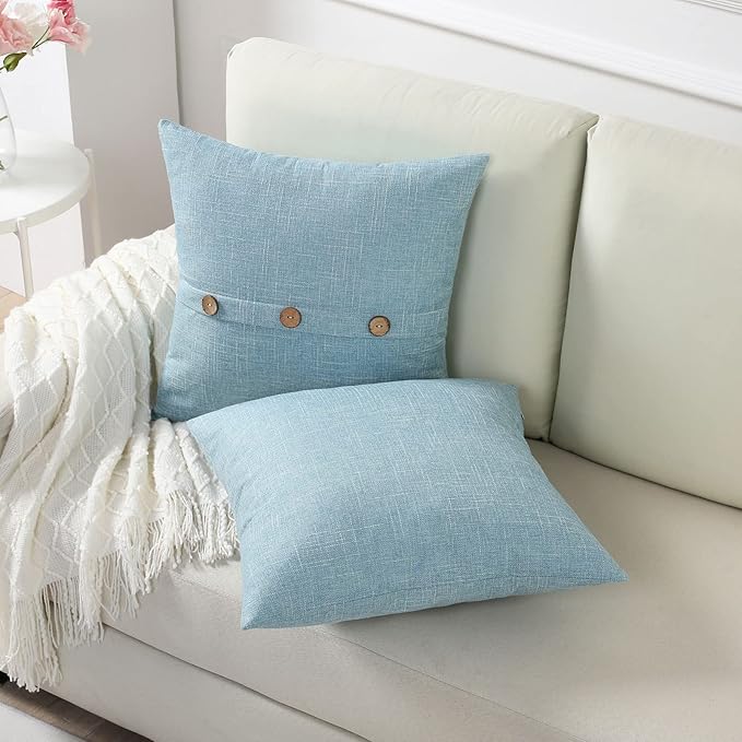 HAUSSY Light Blue Linen Decorative Throw Pillow Covers 22x22 Inch Set of 2,Square Cushion Case with 3 Vintage Buttons,Modern Farmhouse Home Decor for Couch,Bed