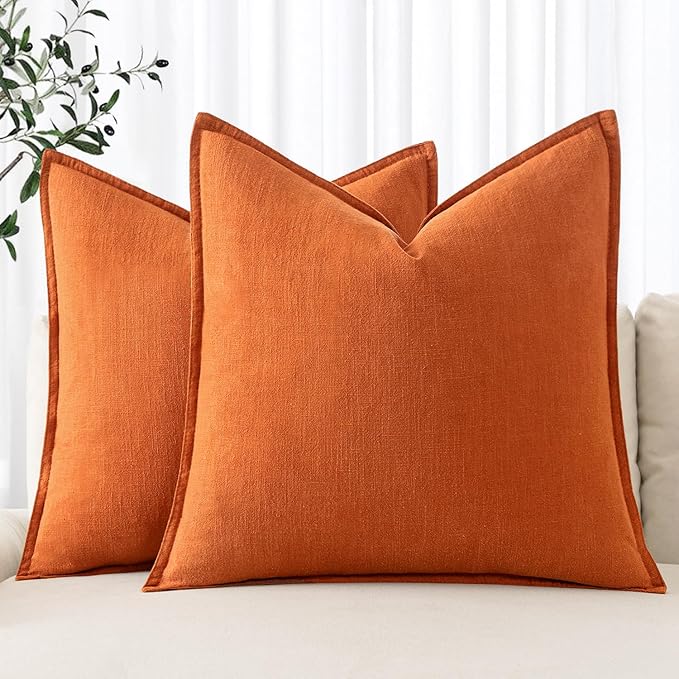 MIULEE Fall Decorative Linen Pillow Covers 18x18 Inch Orange Boho Farmhouse Neutral Couch Throw Pillows for Bed Pack of 2 Accent Modern Pillowcase Summer Sofa Livingroom Home Decor