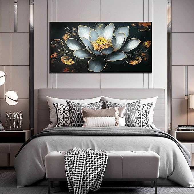 Lotus Flower Painting Wall Art for Bedroom - Black and White Hand Painted Wall Art for Living Room Large Size - Black Framed Wall Decor Size 29" x 59"