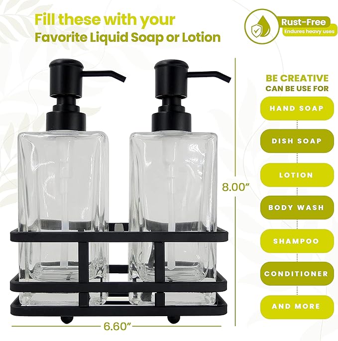 Square Glass Clear Lotion and Soap Pump Dispenser Set with Metal Stand Caddy for Bathroom Bath Kitchen Home Office Travel Hotel Hand Crafted Heavy Weight Matte Black