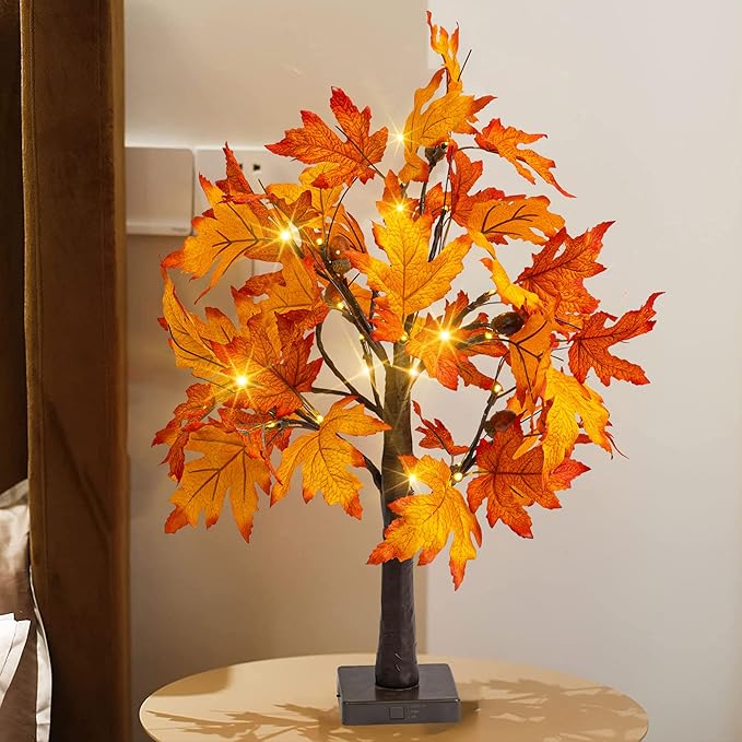 Dazzle Bright 2 Pack 24 Inch Lighted Thanksgiving Fall Maple Tree Decor, 24 LED Battery Operated Decorations Artificial Tree with Timer for Indoor Home Room Holiday Xmas Party