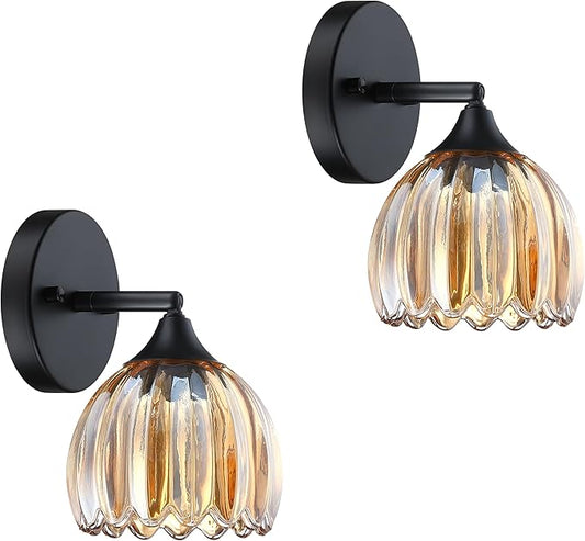 2 Pack 1 Light Vintage Wall Sconces Tulip Amber Glass Lampshade Hradwired Modern Black Wall Lighting Fixture for Bedside Bedroom Doorway