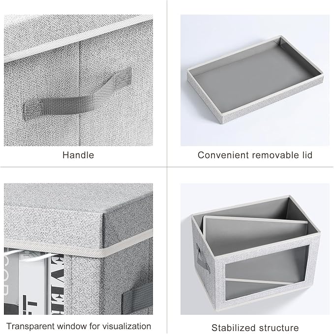 Storage Box with Lids - 5 Pack Foldable Clear Window Storage Bins, Large Decorative Storage Bins with Handles, Storage Containers for Clothes, Towel, Blanket, Sheet, Light Grey