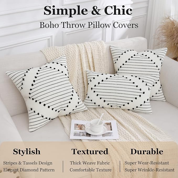 Mecatny Boho Outdoor Throw Pillow Covers 20X20 Set of 2, Farmhouse Decorative Pillow Covers for Couch Sofa Living Room, Black & Cream White