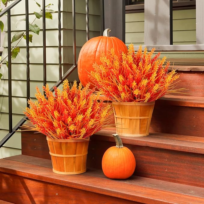 N&T NIETING 6 Bundles Artificial Fall Plants Outdoor Fake Monkey Grass with Lavenders Flowers for Pot Garden Verandah Decor for Thanksgiving Autumn Weddings Patio Hanging Planter Front Porch (Orange)