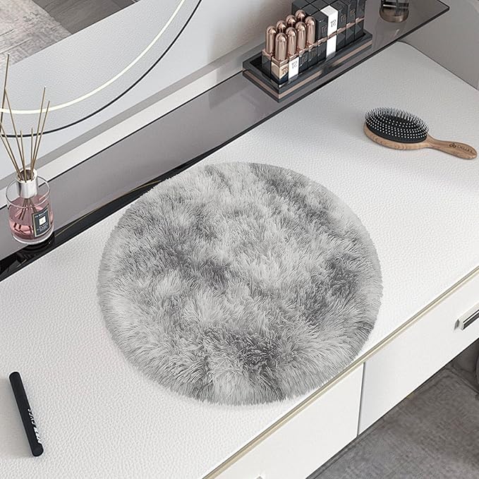 Tie Dye Grey Round Rugs Small 2x2 ft Fluffy Circle Rug Furry Carpet Shaggy Circular Fuzzy Plush Area Rug for Girls Bedroom Kids Room Nursery Cute Room Decor Chair Cushion Pet mat Doormat
