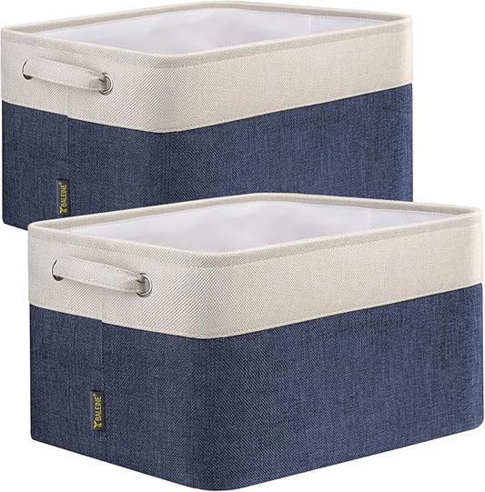 BALEINE 2 Pack Fabric Storage Bins for Shelves, Linen Storage Baskets for Organizing, Decorative Closet Bins for Clothes, Home (Navy Blue, 15"x11"x9.5") 