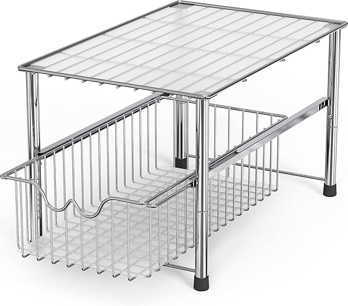 DecoBrothers Stackable Under Sink Organizer with Sliding Basket, Chrome