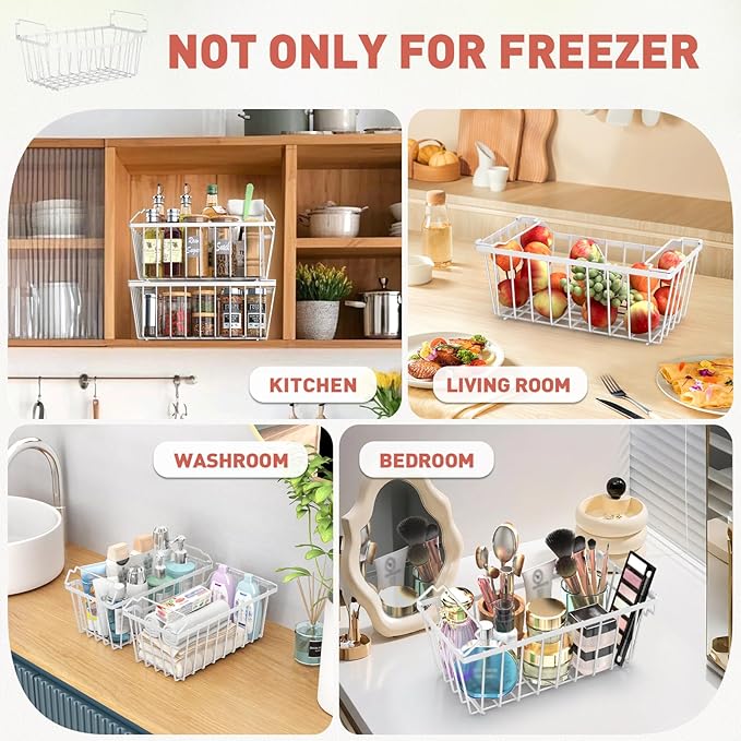 Goovilla Freezer Organizer Bins with Foldable Handle, 4 Pack Stackable Freezer Baskets for 3.5-7 Cu.FT Deep Chest Freezer Organization, White Metal Freezer Storage Bins with Better Space Utilization
