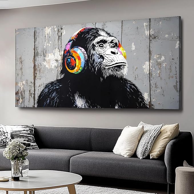 Wall Art Graffiti Gorilla Abstract Canvas Painting Textured Picture, Modern Landscape Artwork Framed for Living Room Bedroom Bathroom Office Home Decor 58x28in