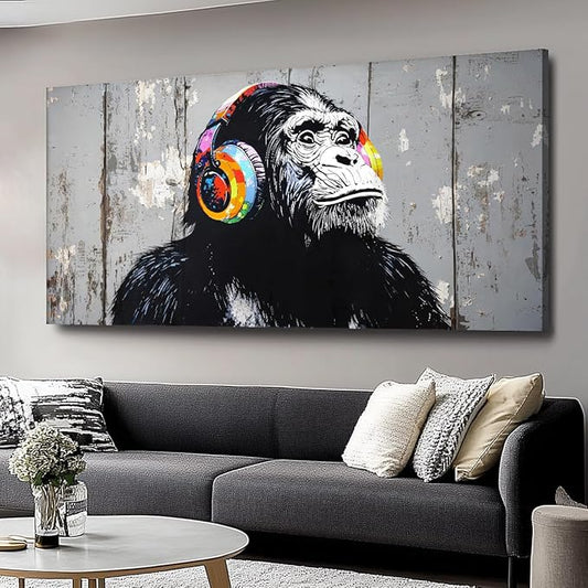 Wall Art Graffiti Gorilla Abstract Canvas Painting Textured Picture, Modern Landscape Artwork Framed for Living Room Bedroom Bathroom Office Home Decor 58x28in