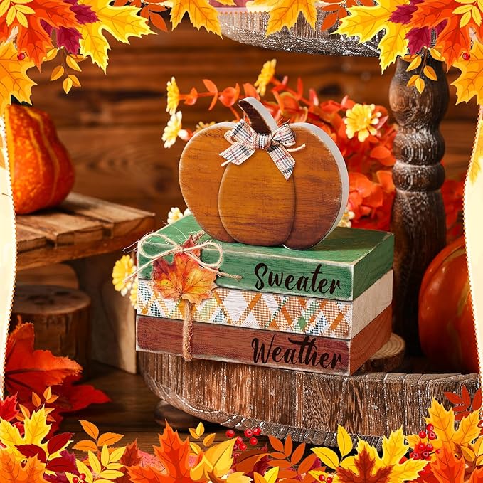 4 Pcs Fall Decorations for Home Fall Tiered Tray Decor Thanksgiving Wood Book Stack with Sign Autumn Stacked Book Decor Bundle for Office Table Shelf Decorative Trays(Pumpkin)