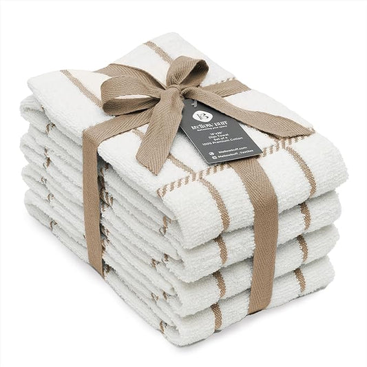 100% Cotton Terry Dish Towels, 4 Pack Checks, 16 x26 Inches, Super Soft and Absorbent Kitchen Towels, Perfect for Kitchen Cleaning and Dish Washing | Tan