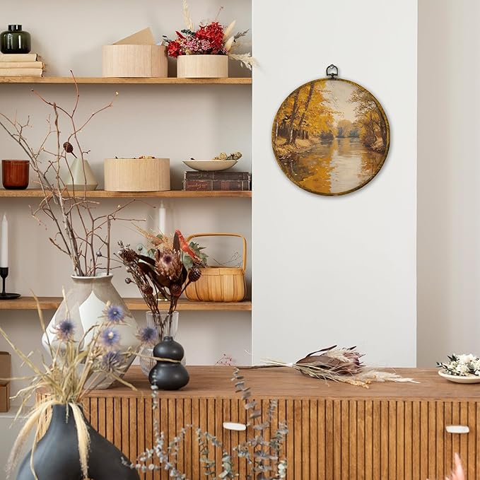 Mcehtle Vintage Fall Wall Art Decor, Rustic Nature Autumn Tree Landscape Framed Canvas Prints 10x10, Farmhouse Fall Seasonal Round Wall Hanging Artwork Decorations for Bedroom Living Room Home