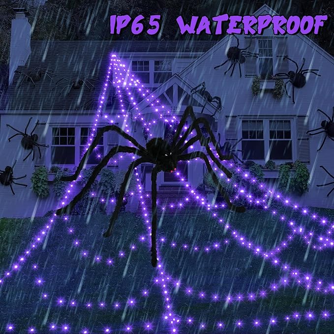 Halloween Spider Web Lights Decoration 455 LED Spider Webs Halloween Decorations Outdoor with 59" Large Spider & 3.53 oz Stretch Cobweb 16.4 Ft Light Up Giant Spider Web with 8 Modes & Timer (Purple)