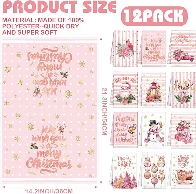 12 Pcs Christmas Kitchen Towels and Dishcloths Absorbent Christmas Tree Reindeer Truck Hand Dish Towels Decoration for Xmas Home Gift Supplies, 14.2 x 21.3 Inch(Stylish Style)