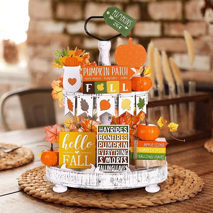19 Pcs Bright Fall Tiered Tray Decor Autumn Farmhouse Home Decorations Set Fall Wood Tray Decor Autumn Thanksgiving Day Decorative Sign for Tabletop Kitchen Office Decorations