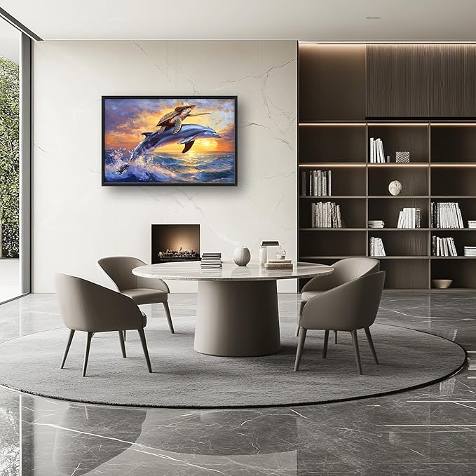 Large Funny Sea Turtle Wall Art for Living Room, Framed Oversized Ocean Dolphin Wall Decor Sunset Nautical Canvas Painting Modern Artwork Home Decoration for Bedroom Office 36"x24"