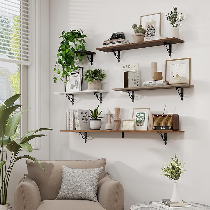 RICHFOCUS Floating Shelves for Wall Decor, 55.1W x 8D Wall Shelves Set of 2, 8 Inch Deep Rustic Wood Shelves Wall Mounted with Brackets, Long Floating Shelves for Living Room Bedroom Kitchen, White