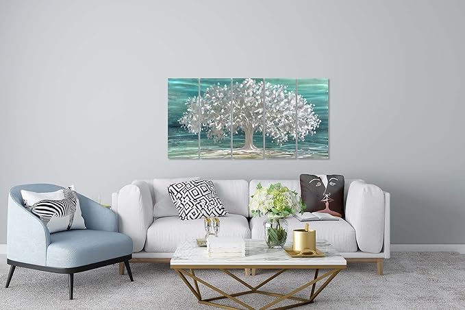 Yihui Arts Tree Of Life Metal Wall Art Handcrafted Aluminum Artwork Teal and Silver Abstract Nature Pictures in 5 Pieces for Living Room Bedroom Bathroom Decor