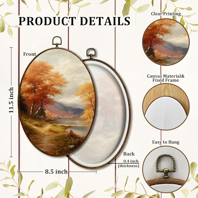 JQF Vintage Fall Oval Wall Art, Rustic Autumn Mountain Landscape Forest Oval Canvas Wall Art, Retro Moody Fall Framed Prints Hanging Decor for Home Bedroom Living Room, 8.5x11.5 Inch