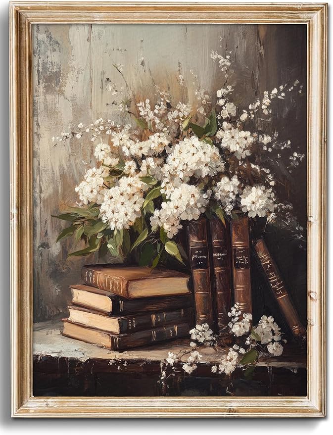 uniro Vintage Wall Art Prints, Moody Books and Flowers Wall Painting Canvas Prints, Antique Dark Academia Decor, Vintage Art Pictures Aesthetic Wall Decor for Bedroom Gallery Bathroom decor( 8" x 10"-UNFRAMED)