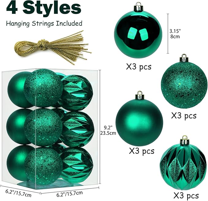 12PCS 3.15" Christmas Ball Ornaments Shatterproof Dark Green Christmas Tree Decorations Xmas Tree Balls Halloween Ornaments Décor