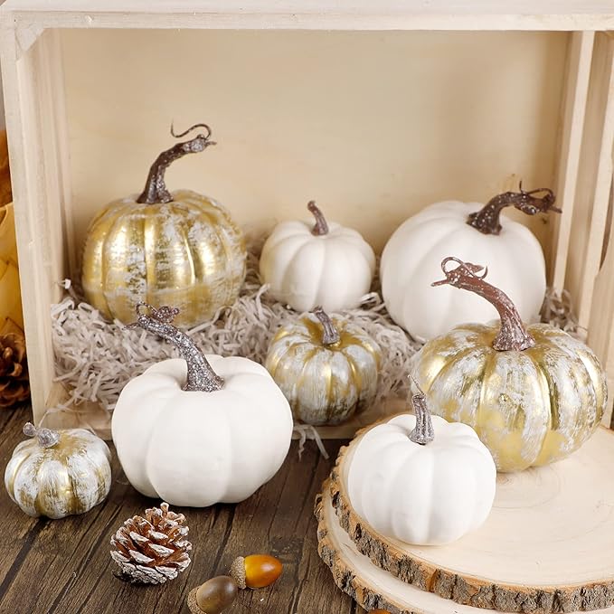 winemana 16 Pcs Golden and White Pumpkins Thanksgiving Pumpkin Decorations Assorted Sizes, Artificial Foam Harvest Autumn Decor, Fake Pumpkins Fall Decorations for Indoor Home Kitchen Table Mantle