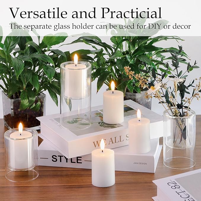 NURADA Flameless Candles with Remote Timer - Glass Real Wax 3D Wick LED Pillar Votive Candle Set Battery Operated Flickering Light for Home Christmas Decoration - White 3 Pack