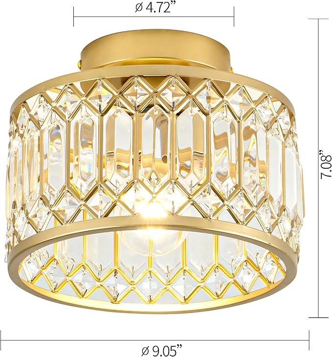 Crystal Ceiling Light, Modern Semi Flush Mount Ceiling Light, Gold Crystal Chandelier for Kitchen Bedroom Bathroom Entryway (Bulb not Included)