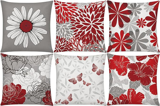 COMMINY Red Grey Pillow Covers 20x20 Set of 6, Daisy Flower Throw Pillow Cover Case Rustic Square Cushion Cover for Sofa Bedroom Living Room Farmhouse Home Decor