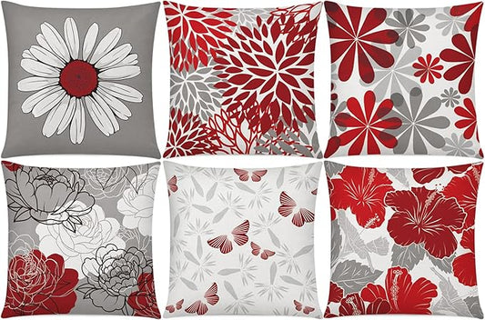 COMMINY Red Grey Pillow Covers 16x16 Set of 6 Decorative Burgundy Daisy Throw Pillow Cover for Couch Modern Farmhouse Cushion Cover for Patio Sofa Bed Living Room Home Decor
