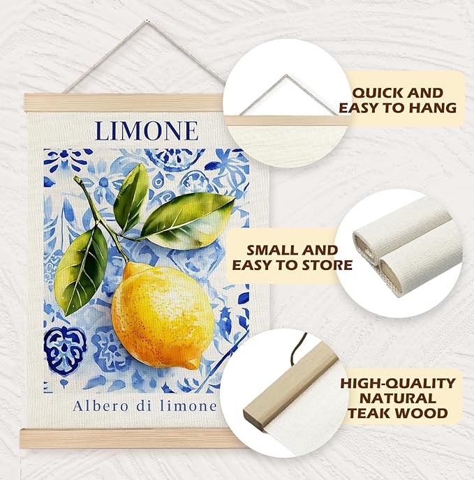 Yomisex Italian Amalfi Coast Lemon Wall Art Poster, Lemon Kitchen Decor, Blue and White Mediterranean Tiles Limone Fruit Wall Art Framed for Kitchen Dining Room Home Decor, 12x16 Inch