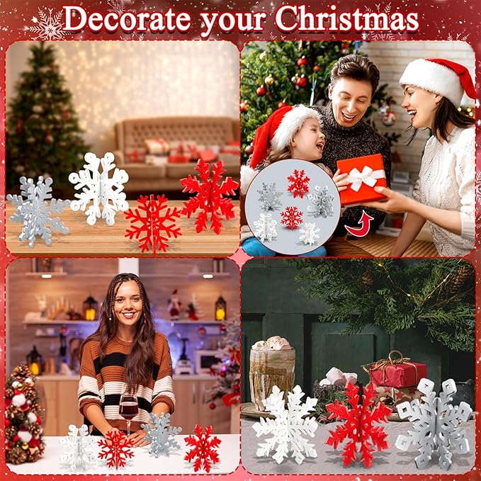 OuMuaMua Winter Christmas Centerpiece Table Decorations - 24pcs Wooden Snowflakes Decor 3D Red White Snowflake Tabletop Decor Snowflake Centerpiece for Xmas Holiday Tiered Tray Winter Farmhouse