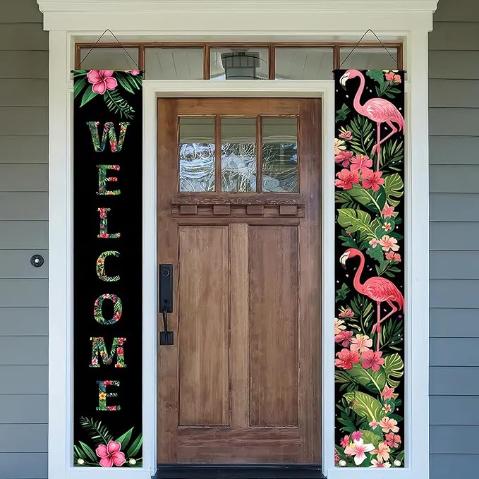 2pcs Black Pink Flamingo Door Banner Summer Hawaiian Porch Banners Sign Sunshine Hibiscus Floral Front Door Hanging Decor Banner for Seasonal Home Hawaii Tropical Party Outdoor Decorations