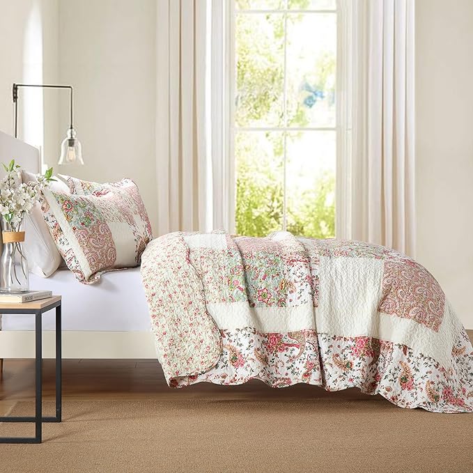 Secgo Queen Comforter Set for Bed - 100% Cotton Quilts Queen Size, Black Bedspreads (90 * 98 Inch) with 2 Pillow Shams, Patchwork Reversible Lightweight Bedding