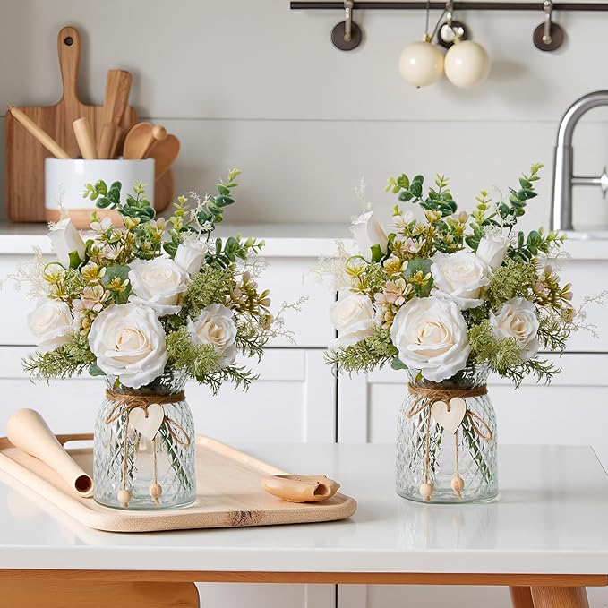 Fake Flowers in Vase,Faux Flowers for Vase,Artificial Silk Roses,Dining Table Centerpiece Decor,Flower Arrangements for Home Decor,Kitchen Decor