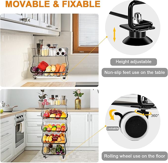 Fruit Vegetable Storage Basket, 5 Tier Stackable Metal Wire Storage Baskets with Wheels, Fruit Vegetable Produce Basket Organizer Bins for Kitchen, Pantry, Bathroom