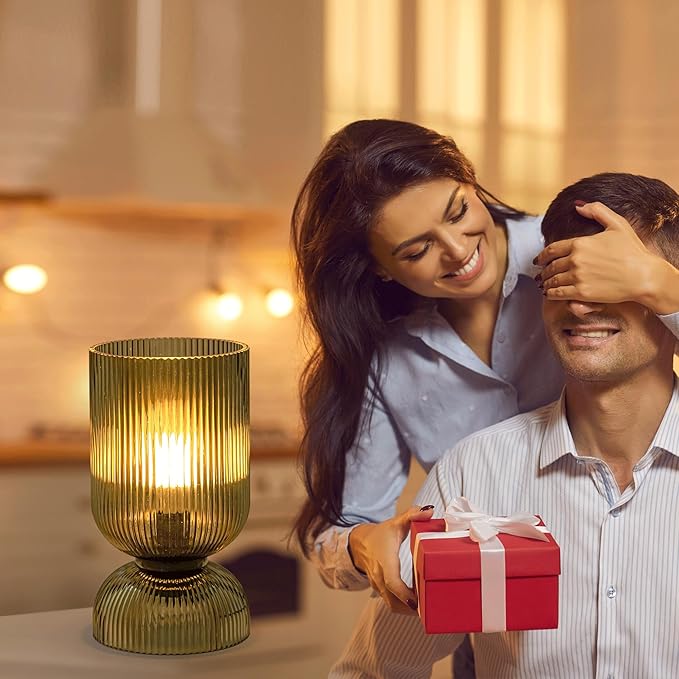 Modern RGB Glass Table Lamp with Remote,Color Changing Bedside Lamp with Green Glass Shade, 16 Colors, On/Off Cord Switch, Nightstand Lamp for Bedroom, Living Room, Office,Bulb Included