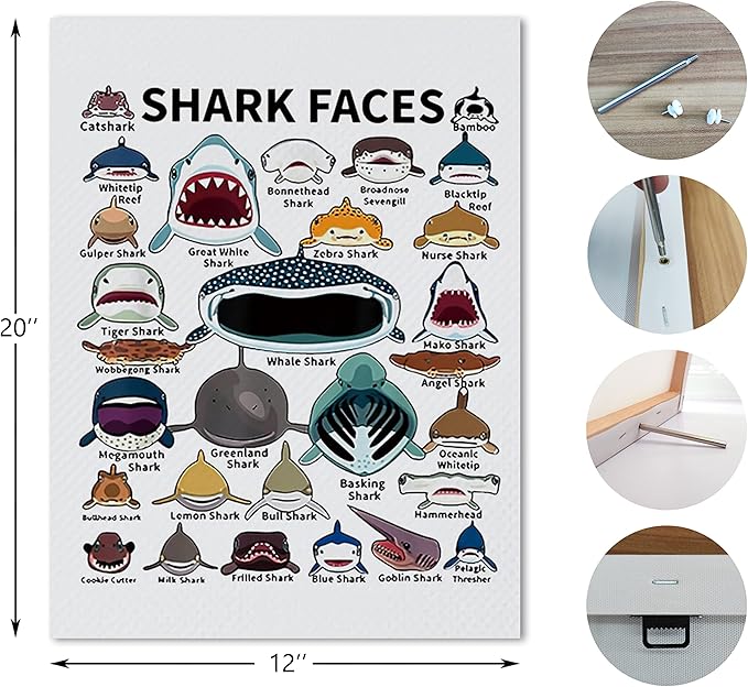 Nogrit Shark Canvas Wall Art 1114 Inch for Bathroom, Bedroom, Living Room, Classroom, Dorm - Shark Decor and Gifts