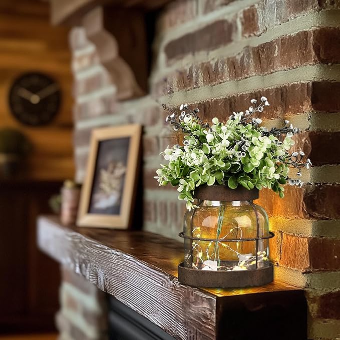 Farmhouse Rustic Vintage Primitive Glass Vases Lantern with Lights Green Artificial Eucalyptus Fake Plants Home Decor Centerpiece for Coffee Office Dining Table Shelf Desk Counter Kitchen Bathroom