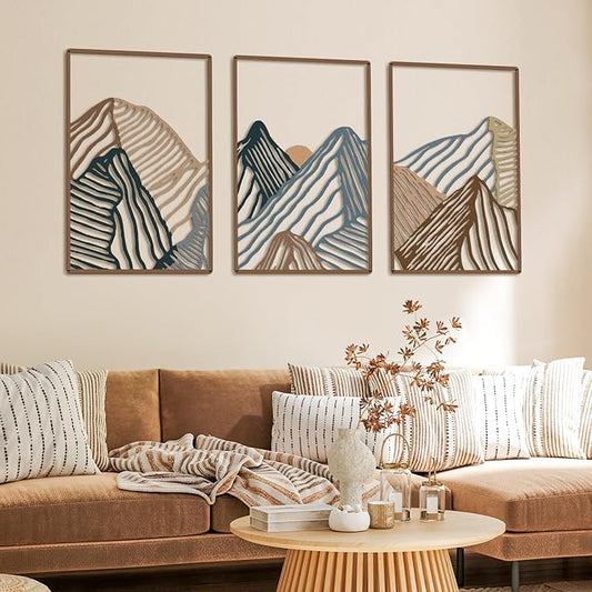 Peryiter 3 Pcs Metal Wall Art Decor Landscape Mountain Wall Hanging Decor for Living Room Abstract Minimalist Modern Mountain Line Pictures Summer Bathroom Office Home Gifts Indoor(Vibrant Colors)