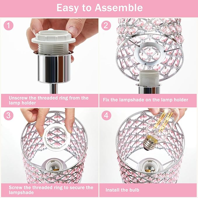 Pink Crystal Table Lamp, Touch Control Bedside Lamps with USB-C+A Charging Ports, 3-Way Dimmable Nightstand Small Desk Lamp Set of 2 for Girl Bedroom, Living Room, Office(Buld Included)