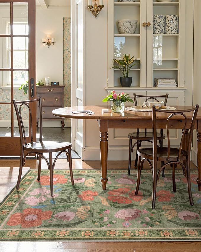 Beeiva Green 5x7 Area Rugs, Floral Machine Washable Living Room Area Rugs Non Slip Non-Shedding, Flower Ultra Thin Carpet for Living Room Dorm Playroom Décor (Green,5'x7')