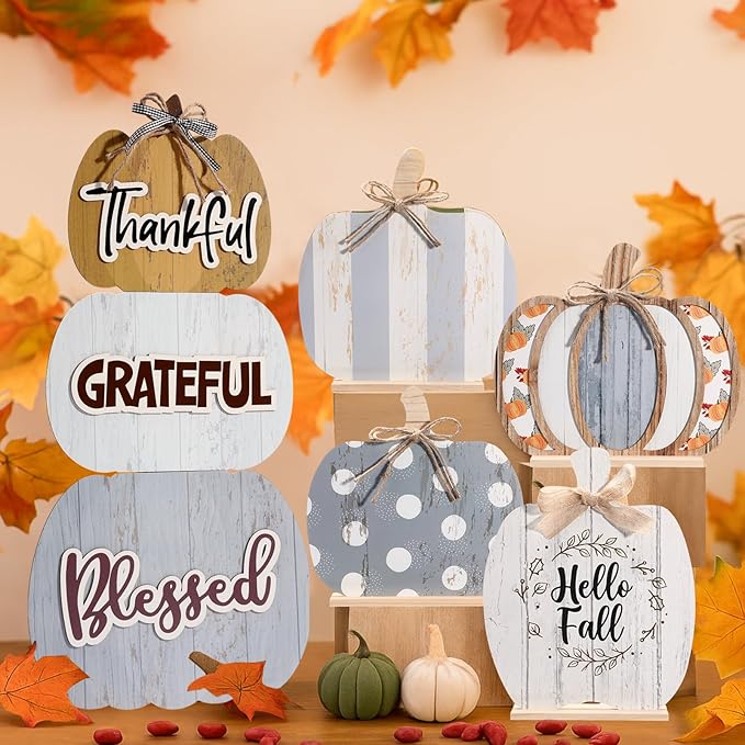 Bucherry 5 Set Fall Porch Decoration Pumpkin Wood Porch Standings Thankful Grateful Blessed Hello Fall Welcome Sign Decor with Base for Thanksgiving Festival Home Front Door Garden(Grey Style)