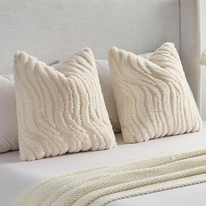 FUTEI Cream Decorative Throw Pillow Covers 12x20 Inch Set of 2,Soft Faux Fur Geometric Shapes Texture Pillowcase,Boho Home Decor for Couch Bed Living Room
