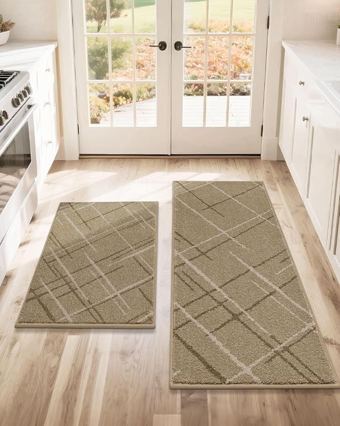 COSY HOMEER Kitchen Mats, 2 PCS Kitchen Rug Non Slip Washable, Absorbent Runner Rugs for Kitchen Floor, Polyester Kitchen Sink Rug 20"x32" + 20"x48"(Beige)