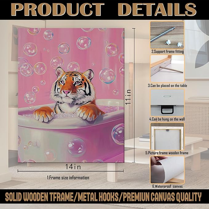 FITIE Trendy Bathing Tiger Bathroom Canvas Wall Art Poster, Pink Aesthetic Bubbles Tiger Framed Artwork Prints Wall Decor for Bathroom Half Bath Washroom, 11x14 Inch
