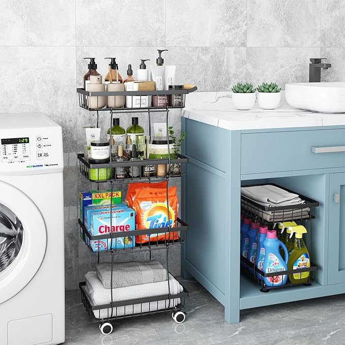 Fruit Vegetable Storage Basket for Kitchen - 4 Tier Slim Stackable Metal Wire Basket Cart with Rolling Wheels Utility Rack Onions Potatoes Organizer Bins for Kitchen Pantry Black