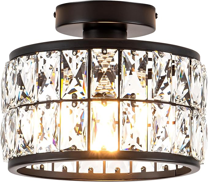 Crystal Ceiling Light Fixture, Modern Semi Flush Mount Ceiling Light,Crystal Chandelier for Kitchen Bedroom Bathroom Entryway, Black Finish